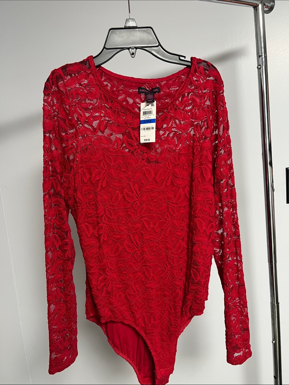 Marina Rinaldi Red Floral Lace Long-Sleeve Bodysuit with Sheer Sleeves